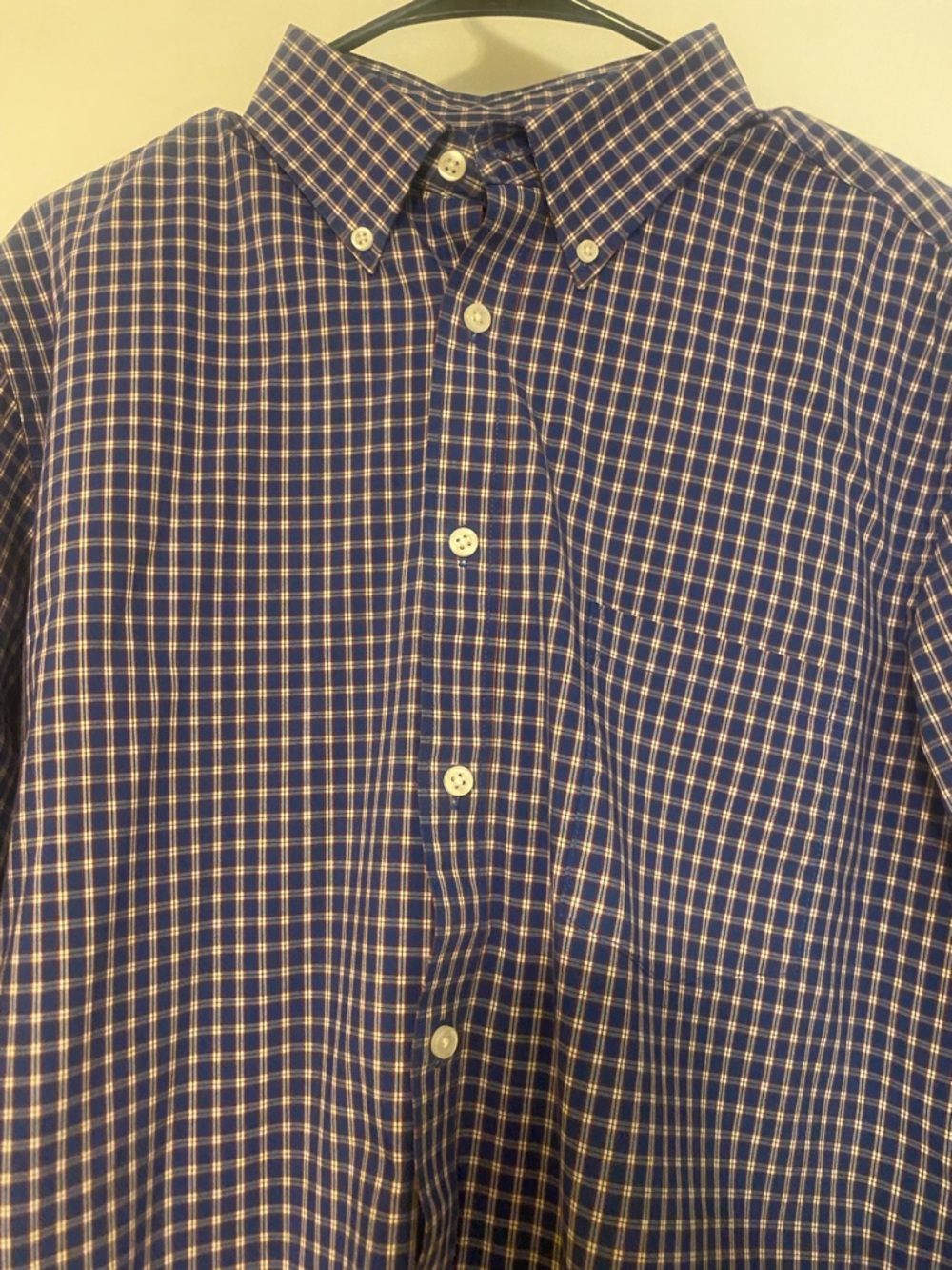 Crown & Ivy Shirt Men L Slim Fit Stretch Wrinkle Free Blue Plaid Button Down